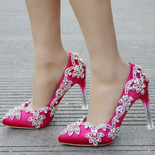 Charmant Fuchsie Brautschuhe 2018 Strass 8 cm Kristall Stilettos Spitzschuh Hochzeit Pumps