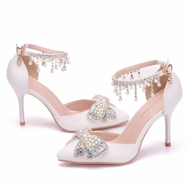 Modern / Fashion White Wedding Shoes 2018 Pearl Rhinestone Tassel 9 cm Stiletto Heels Pointed Toe Wedding High Heels