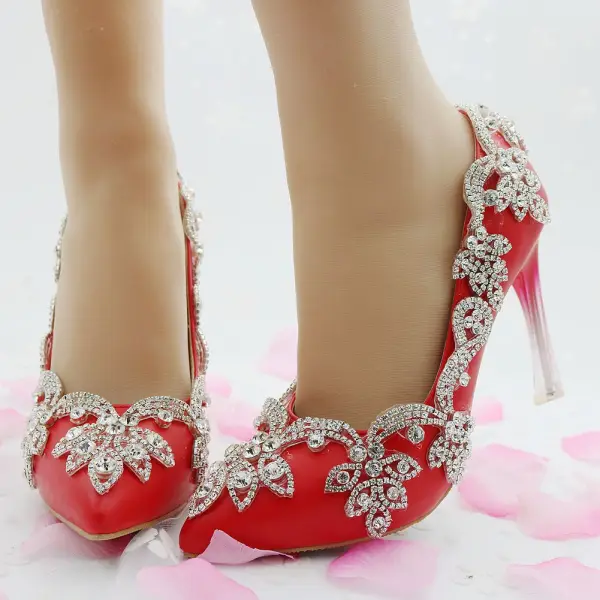 Chinese style Red Wedding Shoes 2018 Rhinestone 9 cm Crystal Stiletto Heels Pointed Toe Wedding Pumps