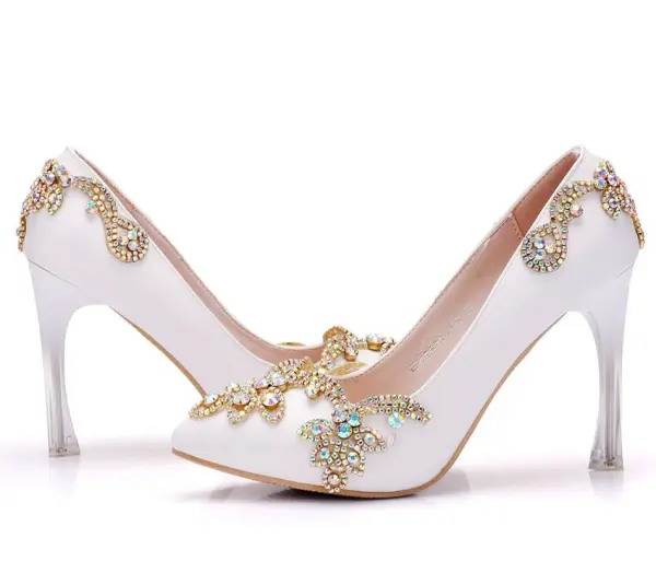 Mode Vita Brudskor 2018 Rhinestone 9 cm Kristall Stilettklackar Spetsiga Bröllop Pumps