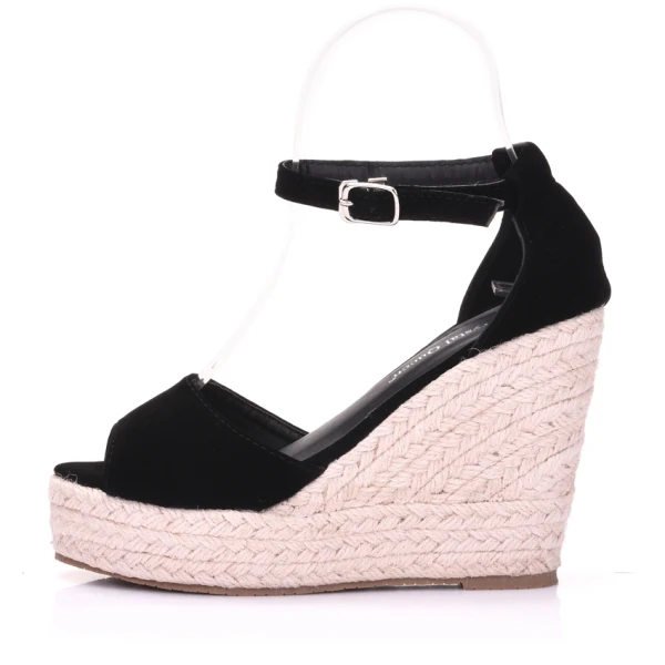 Böhmen Schwarz Strand Sommer Sandalen Damen 2018 Knöchelriemen 9 cm Keilabsatz Peeptoes Sandaletten