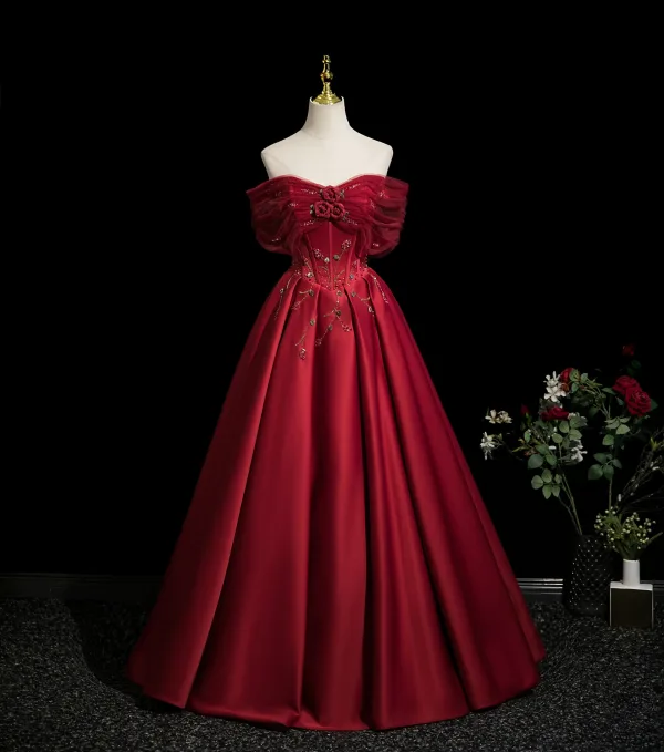 Chic / Beautiful Burgundy Beading Appliques Prom Dresses 2025 Ball Gown Off-The-Shoulder Short Sleeve Backless Floor-Length / Long Formal Dresses