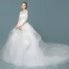 Elegant Ivory Wedding Dresses 2018 Ball Gown Lace Flower Cascading Ruffles Scoop Neck 1/2 Sleeves Cathedral Train Wedding