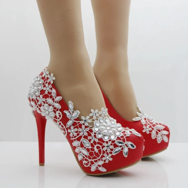 Chic / Beautiful Red Wedding Shoes 2018 Appliques Lace Pearl Rhinestone 14 cm Stiletto Heels Round Toe Wedding Pumps