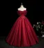 Chic / Beautiful Burgundy Beading Appliques Prom Dresses 2025 Ball Gown Off-The-Shoulder Short Sleeve Backless Floor-Length / Long Formal Dresses