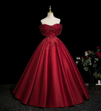 Hermoso Borgoña Rebordear Apliques Vestidos De Gala 2025 Ball Gown Fuera Del Hombro Manga Corta Sin Espalda Largos Vestidos Formales