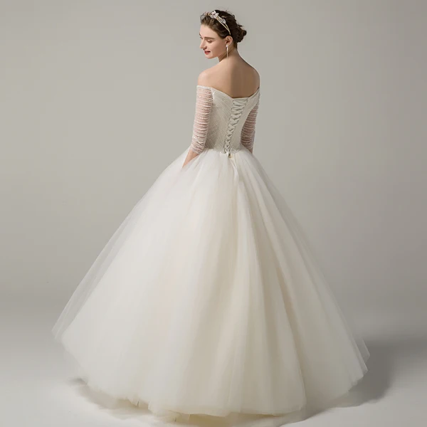 Chic / Beautiful Champagne Wedding Dresses 2018 A-Line / Princess Beading Off-The-Shoulder Backless 3/4 Sleeve Floor-Length / Long Wedding