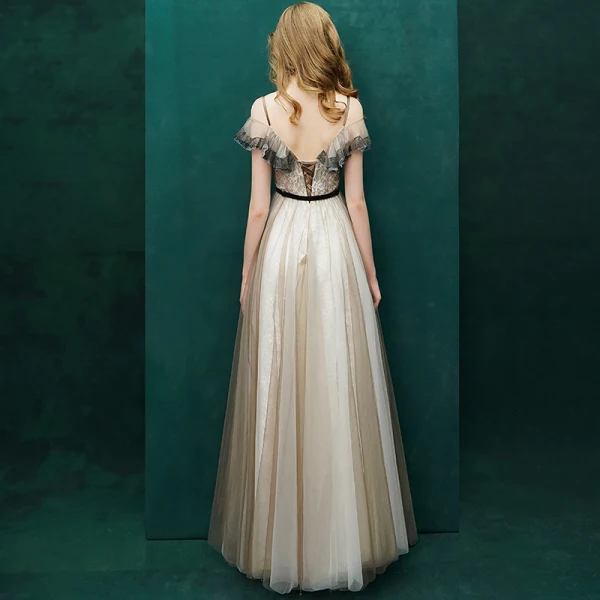 Luxury / Gorgeous Champagne Prom Dresses 2019 A-Line / Princess Sash Lace Spaghetti Straps Backless Sleeveless Floor-Length / Long Formal Dresses