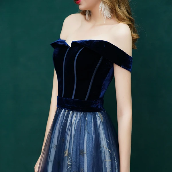 Sexy Bleu Marine Robe De Soirée 2019 Princesse Daim Étoile De l'épaule Dos Nu Manches Courtes Train De Balayage Robe De Ceremonie