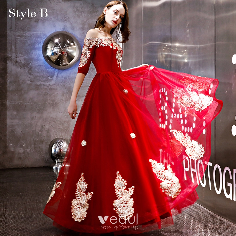 Modern / Fashion Red Evening Dresses 2018 A-Line / Princess Appliques Lace  Off-The-Shoulder 1/2 Sleeves Backless Floor-Length / Long Formal Dresses