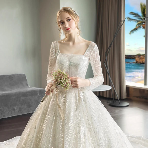 Luxury / Gorgeous Champagne Wedding Dresses 2018 Ball Gown Beading Sequins Square Neckline Long Sleeve Backless Royal Train