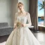 Luxury / Gorgeous Champagne Wedding Dresses 2018 Ball Gown Beading Sequins Square Neckline Long Sleeve Backless Royal Train