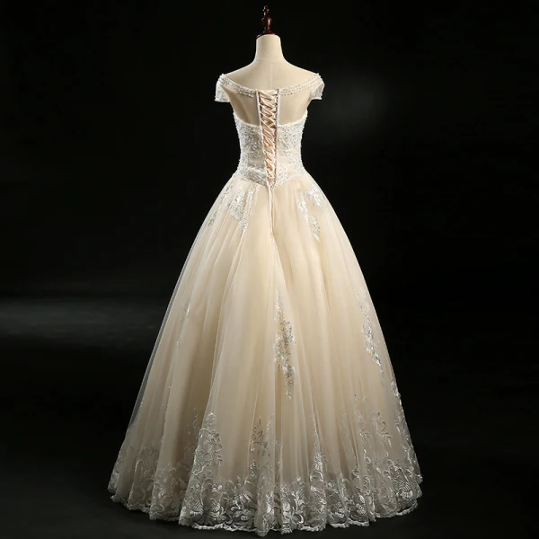 Chic / Beautiful Champagne Wedding Dresses 2018 Ball Gown Beading Sequins Scoop Neck Short Sleeve Floor-Length / Long Wedding