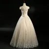 Chic / Beautiful Champagne Wedding Dresses 2018 Ball Gown Beading Sequins Scoop Neck Short Sleeve Floor-Length / Long Wedding
