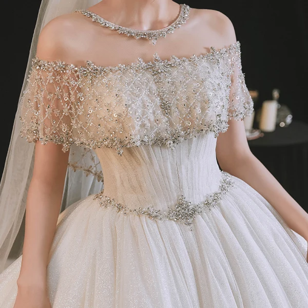 Luxury / Gorgeous Sexy White Wedding Dresses 2021 Ball Gown Scoop Neck Beading Rhinestone Short Sleeve Backless Royal Train Wedding