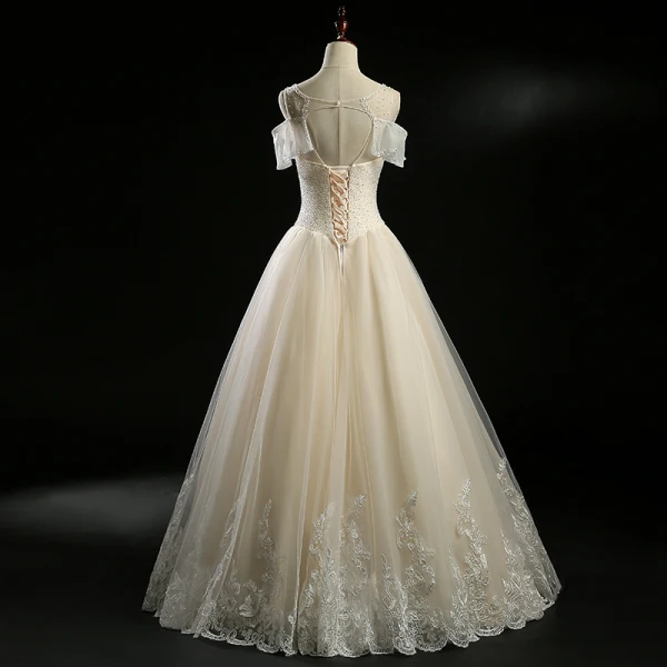 Chic / Belle Champagne Robe De Mariée 2018 Princesse Perlage Paillettes Dos Nu Encolure Dégagée Sans Manches Longue Mariage