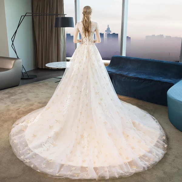 Modern / Fashion Ivory Corset Wedding Dresses 2018 A-Line / Princess Appliques Lace Star High Neck Short Sleeve Cathedral Train