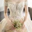 Luxury / Gorgeous Champagne Wedding Dresses 2018 Ball Gown Appliques Lace Off-The-Shoulder Short Sleeve Backless Royal Train