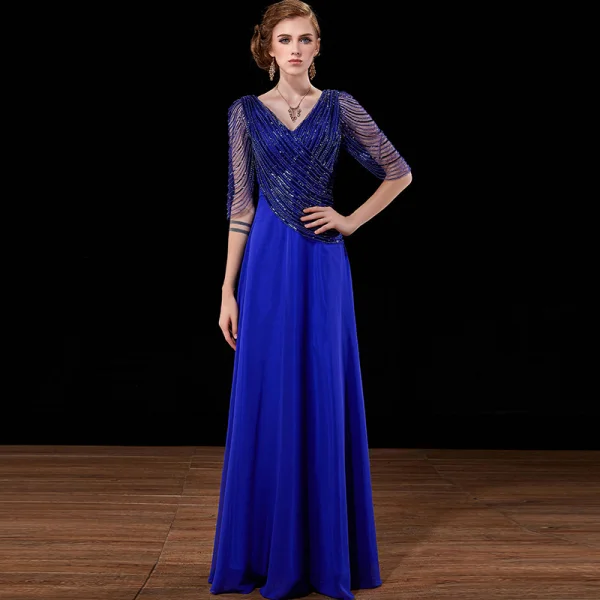 Luxury / Gorgeous Burgundy Handmade Beading Evening Dresses 2019 A-Line / Princess Sequins V-Neck Backless 3/4 Sleeve Floor-Length / Long Formal Dresses