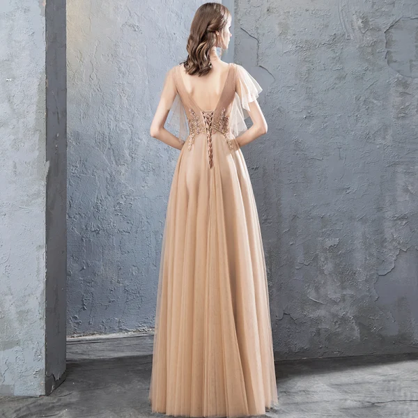 Elegant Champagne Evening Dresses  2019 A-Line / Princess Lace Flower Appliques Rhinestone Sequins V-Neck Short Sleeve Backless Floor-Length / Long Formal Dresses