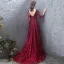 Luxury / Gorgeous Burgundy Evening Dresses  2019 A-Line / Princess Lace Beading Crystal Sequins Scoop Neck Backless 3/4 Sleeve Court Train Formal Dresses