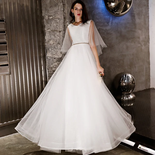 Modern / Fashion Ivory Evening Dresses 2019 A-Line / Princess Rhinestone Sash Glitter V-Neck Backless 1/2 Sleeves Floor-Length / Long Formal Dresses