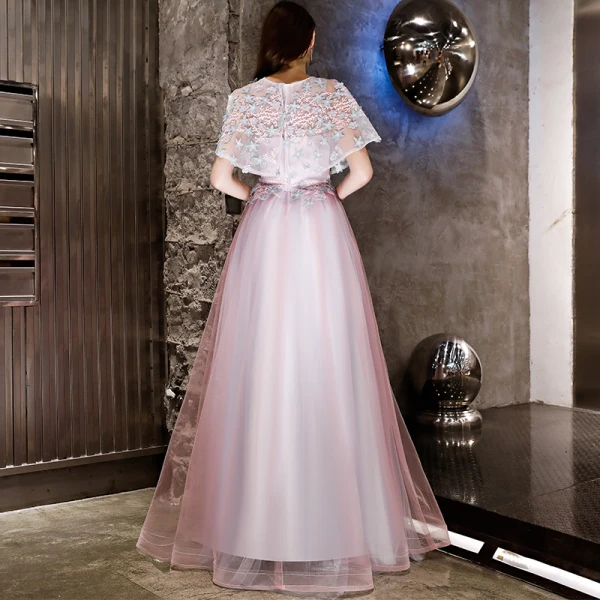 Chic / Beautiful Blushing Pink Evening Dresses 2019 A-Line / Princess Appliques Lace Scoop Neck Short Sleeve Floor-Length / Long Formal Dresses