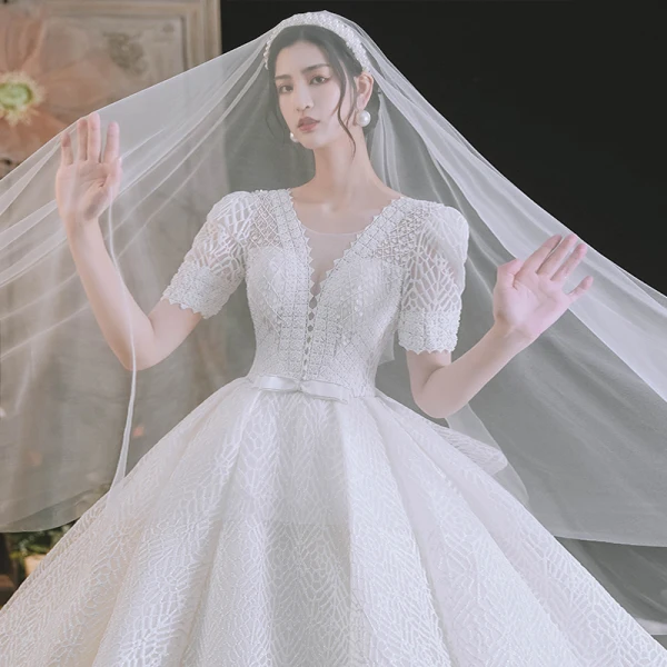 Luxury / Gorgeous White Wedding Dresses 2021 Ball Gown Scoop Neck Beading Pearl Rhinestone Bow Short Sleeve Backless Royal Train Wedding
