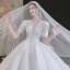 Luxury / Gorgeous White Wedding Dresses 2021 Ball Gown Scoop Neck Beading Pearl Rhinestone Bow Short Sleeve Backless Royal Train Wedding