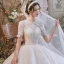 Élégant Haut de Gamme Ivoire Robe Boule Robe De Mariée 2021 Encolure Dégagée Perlage En Dentelle Fleur Manches Courtes Dos Nu Royal Train Mariage