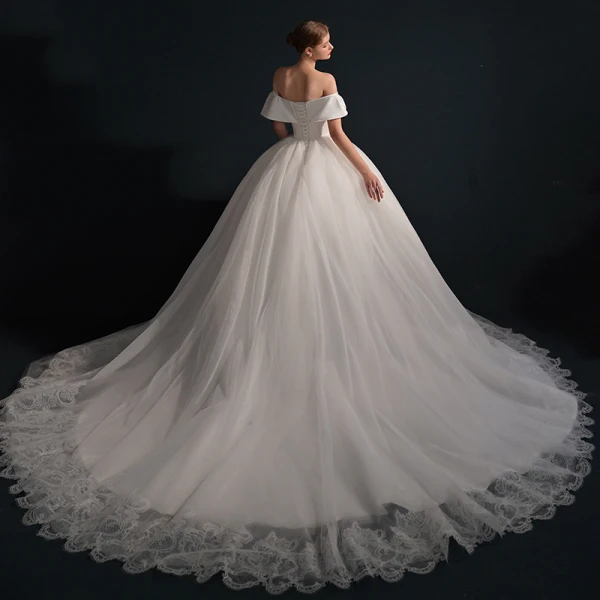 Modest / Simple High-end Ivory Ball Gown Satin Wedding Dresses 2021 Off-The-Shoulder Short Sleeve Backless Royal Train Wedding