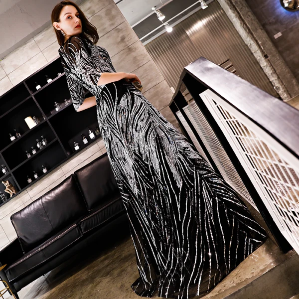 Sparkly Black Evening Dresses  2019 A-Line / Princess Sequins Scoop Neck 1/2 Sleeves Floor-Length / Long Formal Dresses