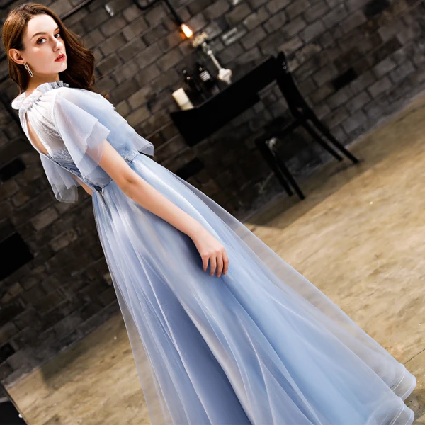 Vintage / Retro Sky Blue Prom Dresses 2019 A-Line / Princess Lace Scoop Neck Backless Short Sleeve Floor-Length / Long Formal Dresses