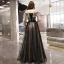 Elegant Black Spotted Prom Dresses 2019 A-Line / Princess Off-The-Shoulder Short Sleeve Backless Floor-Length / Long Formal Dresses