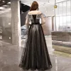 Elegant Black Spotted Prom Dresses 2019 A-Line / Princess Off-The-Shoulder Short Sleeve Backless Floor-Length / Long Formal Dresses
