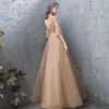 Elegant Gold Evening Dresses  2019 A-Line / Princess Lace Beading Crystal High Neck Backless 1/2 Sleeves Floor-Length / Long Formal Dresses