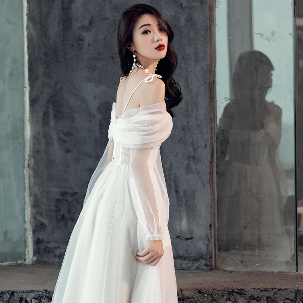 Elegant White Wedding Dresses 2019 A-Line / Princess Lace Spaghetti Straps Backless 3/4 Sleeve Tea-length