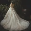 Luxury / Gorgeous Champagne Wedding Dresses 2019 A-Line / Princess Lace Beading Crystal Strapless Backless Sleeveless Cathedral Train