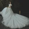 Modern / Fashion Ivory Wedding Dresses 2019 A-Line / Princess Lace Appliques Beading Pearl Sequins Scoop Neck Backless Short Sleeve Royal Train