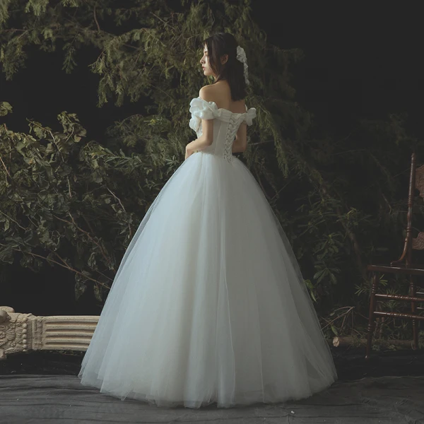 Elegant Ivory Corset Wedding Dresses 2019 A-Line / Princess Off-The-Shoulder Short Sleeve Backless Floor-Length / Long