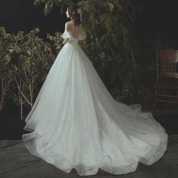 Elegant Ivory Wedding Dresses 2019 A-Line / Princess Lace Pearl Scoop Neck 1/2 Sleeves Cathedral Train