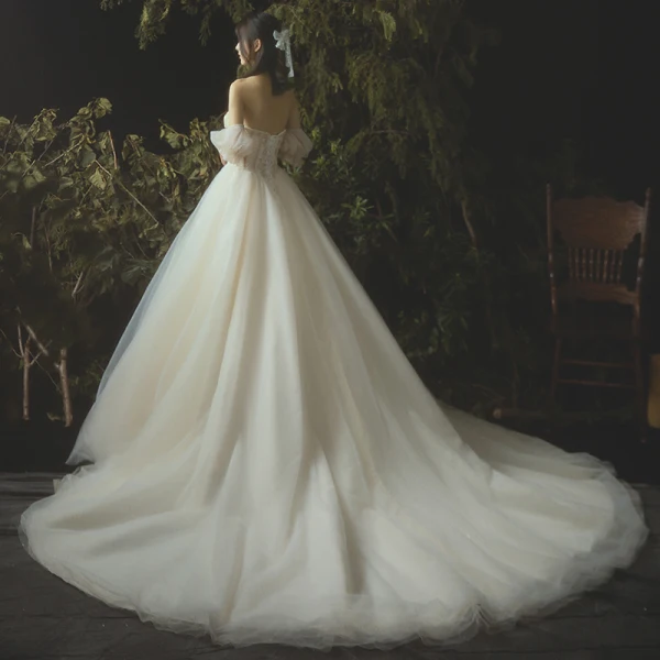 Luxury / Gorgeous Champagne Wedding Dresses 2019 A-Line / Princess Beading Pearl Strapless Backless Sleeveless Cathedral Train