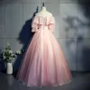 Chic / Beautiful Pearl Pink Prom Dresses 2019 Ball Gown Appliques Lace Off-The-Shoulder 1/2 Sleeves Backless Floor-Length / Long Formal Dresses