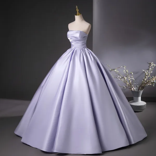 Charming Lavender Ball Gown Prom Dresses 2025 Strapless Sleeveless Backless Floor-Length / Long Prom Formal Dresses