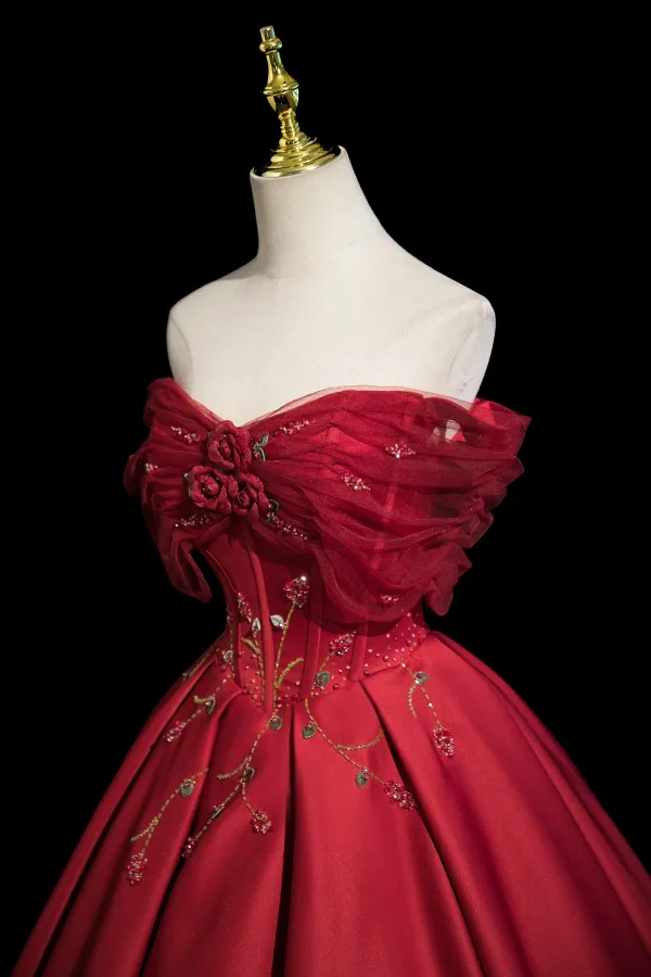 Chic / Beautiful Burgundy Beading Appliques Prom Dresses 2025 Ball Gown Off-The-Shoulder Short Sleeve Backless Floor-Length / Long Formal Dresses