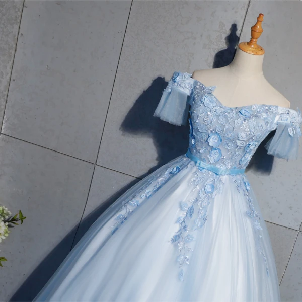 Elegant Sky Blue Prom Dresses 2019 Ball Gown Lace Appliques Bow Off-The-Shoulder Backless Short Sleeve Floor-Length / Long Formal Dresses