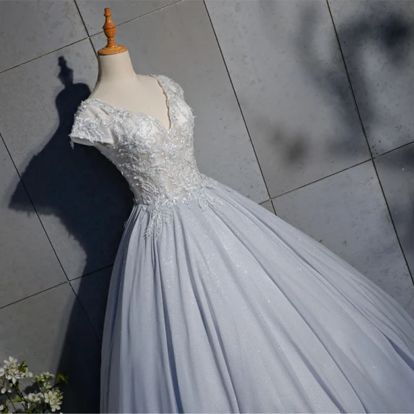 Elegant Silver Prom Dresses 2019 Ball Gown Lace Beading Pearl Sequins V-Neck Backless Short Sleeve Floor-Length / Long Formal Dresses