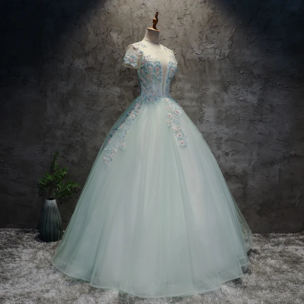 Schöne Himmelblau Ballkleider 2019 Ballkleid Spitze Perle Pailletten Rundhalsausschnitt Rückenfreies Kurze Ärmel Lange Festliche Kleider