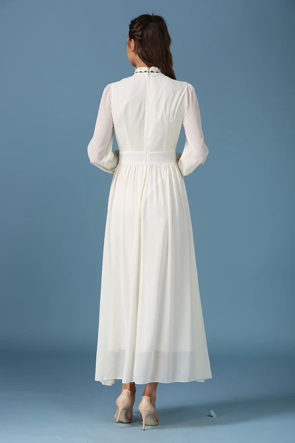 Modern / Fashion Beige Dating Maxi Dresses 2019 A-Line / Princess Embroidered Scoop Neck Long Sleeve Tea-length Womens Clothing