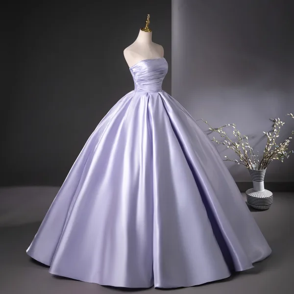 Charming Lavender Ball Gown Prom Dresses 2025 Strapless Sleeveless Backless Floor-Length / Long Prom Formal Dresses